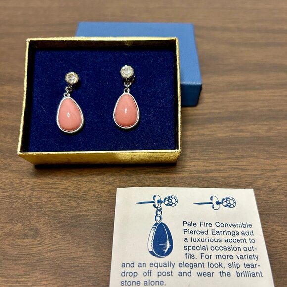 Vtg 70s Avon Convertible Faux Pink Coral Earrings w/ 14K White Gold Posts - Picture 2 of 3